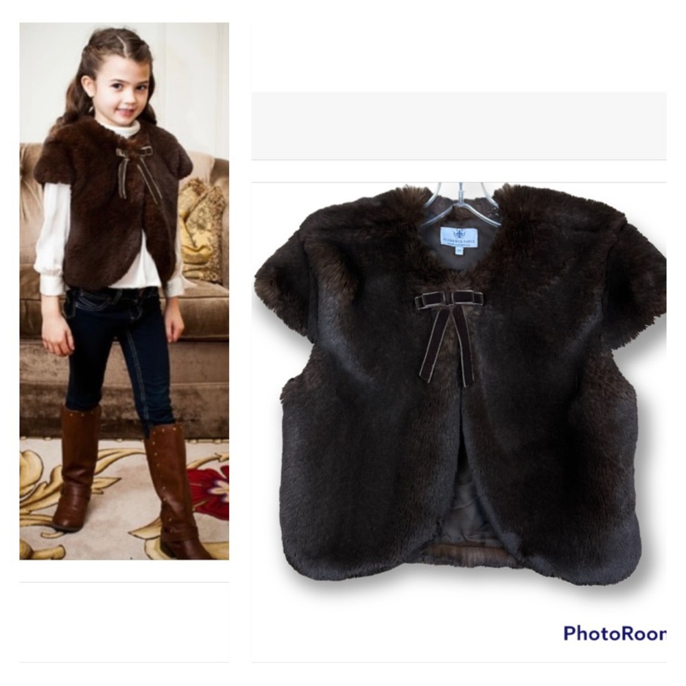 FLORENCE FANCY Brown Vegan Fur Katherine Jacket Vest Made In Portugal Size 14Y.